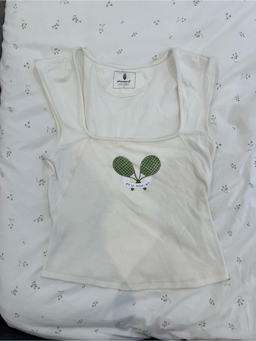 Free People Cream Tank with Green Tennis Racket Graphic
